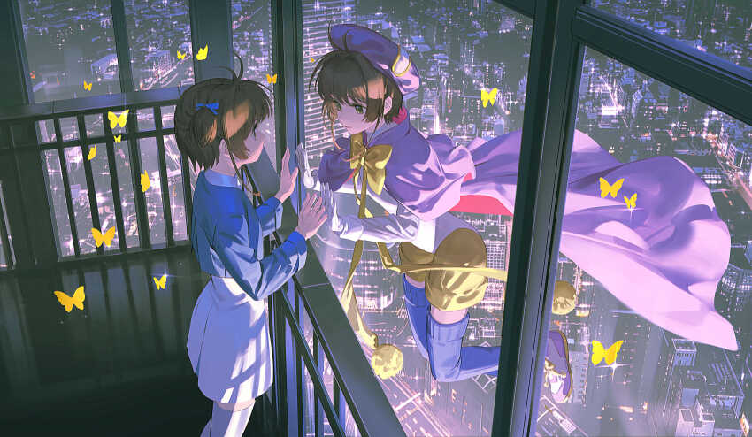 2girls absurdres antenna_hair balcony bow bowtie brown_eyes brown_hair bug building butterfly cardcaptor_sakura chinese_commentary cityscape cloak commentary_request dual_persona eye_contact floating from_above from_inside from_side gloves hand_on_window hat highres insect kinomoto_sakura kinomoto_sakura_(dream_sakura) looking_at_another multiple_girls night pink_cloak pink_hat railing short_hair standing two-sided_cloak two-sided_fabric white_gloves window yellow_bow yellow_bowtie yuefanfan