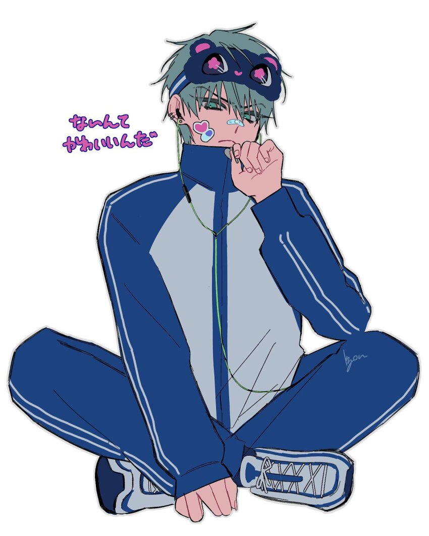 1boy alien_stage bandaid bandaid_on_face bandaid_on_nose black_mask blue_jacket blue_pants ear_piercing earphones earrings frown full_body highres jacket jewelry kyon_(zmwh8222) long_sleeves male_focus mask mask_on_head official_alternate_costume pants piercing shoes simple_background sitting sleep_mask solo sticker_on_face till_(alien_stage) track_jacket track_pants track_suit white_background white_shoes
