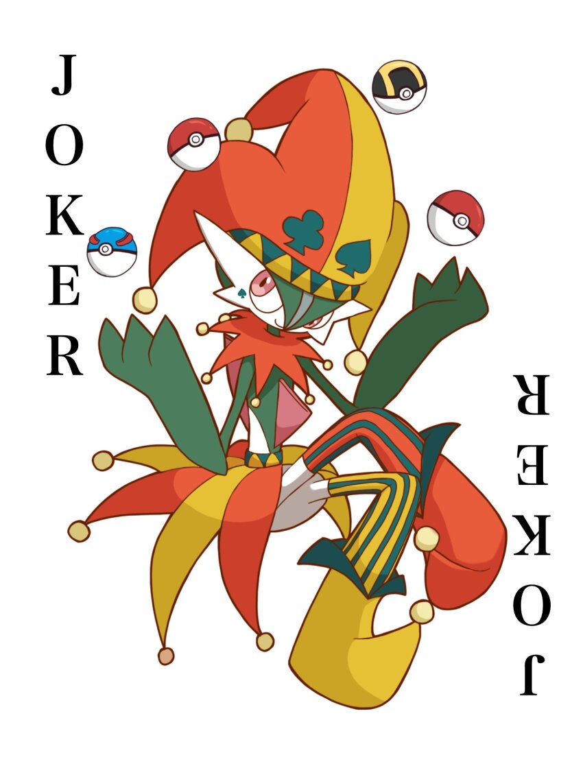 colored_skin gallade gen_4_pokemon great_ball green_hair green_skin hat highres jester jester_cap monya multicolored_skin nintendo pink_eyes poke_ball poke_ball_(basic) pokemon pokemon_(creature) simple_background smile two-tone_skin ultra_ball white_background white_skin
