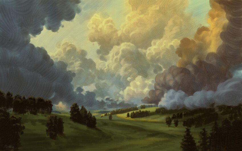 absurdres blue_sky cloud cloud_focus cloudy_sky commentary dark_clouds day english_commentary fog highres krita_(medium) landscape nature no_humans original outdoors philipp_urlich scenery signature sky sunlight tree