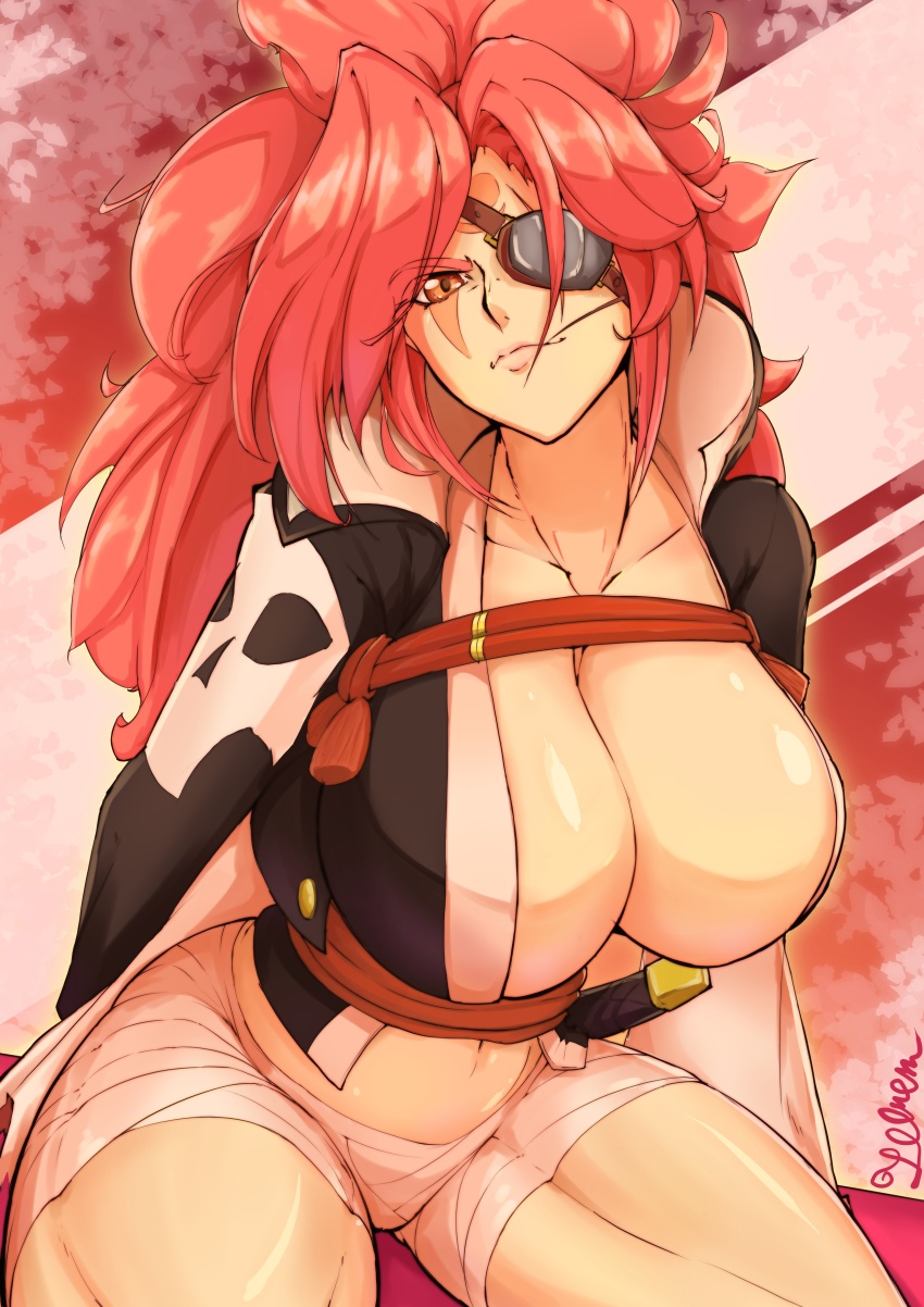 1girl 2021 absurdres amputee arc_system_works arm_support artist_name baiken bandages big_hair black_kimono breasts cherry_blossoms collarbone commentary english_commentary eyepatch feet_out_of_frame female_focus floral_background forehead_tattoo guilty_gear guilty_gear_strive head_tilt high_collar highres huge_breasts jacket jacket_on_shoulders japanese_clothes katana kimono legs_apart light_smile looking_at_viewer messy_hair mouth_hold multicolored_kimono navel open_clothes open_kimono parted_bangs pink_background pink_hair pink_lips red_eyes samurai scar scar_across_eye scar_on_face serious sheath sheathed shiny_skin skull_print solo stalk_in_mouth sword tassel telrem thick_thighs thighs tsurime weapon white_kimono wrapped