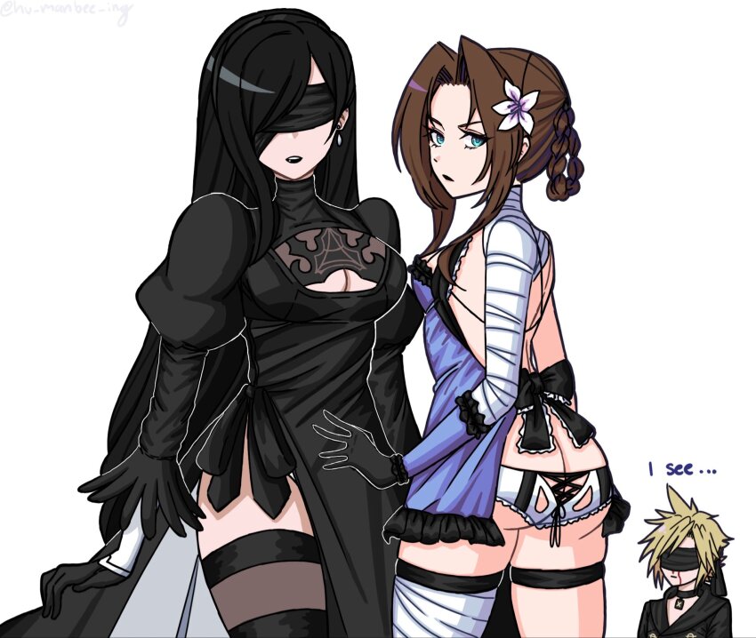 1boy 2b_(nier:automata) 2b_(nier:automata)_(cosplay) 2girls 9s_(nier:automata) 9s_(nier:automata)_(cosplay) aerith_gainsborough aroused_nosebleed backless_outfit bandaged_arm bandaged_leg bandaged_neck bandages black_gloves black_hair blindfold blonde_hair blood blue_negligee boots braid braided_hair_rings breasts brown_hair cleavage_cutout clothing_cutout cloud_strife cosplay feather-trimmed_sleeves final_fantasy final_fantasy_vii final_fantasy_vii:_ever_crisis gloves hair_rings highres hu_manbee_ing kaine_(nier) kaine_(nier)_(cosplay) lingerie lunar_tear multiple_girls negligee nier nier:automata nier_(series) nosebleed official_alternate_costume official_alternate_hairstyle simple_background standing thighhighs thighhighs_under_boots tifa_lockhart tifa_lockhart_(battler_ensemble) underwear