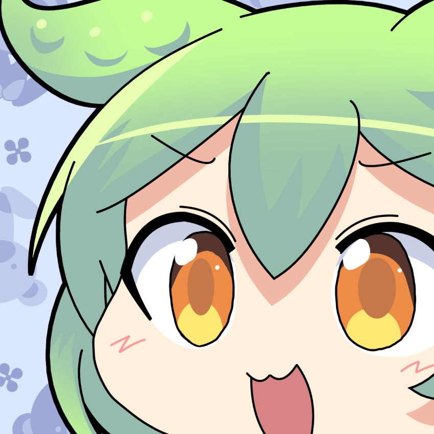 1girl :3 blue_background close-up commentary_request green_hair highres mikazuki_neko open_mouth orange_eyes pea_pod smile solo voicevox zundamon