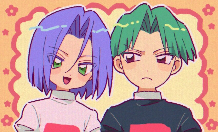 2boys angry blue_hair brown_eyes butch_(pokemon) green_eyes green_hair happy james_(pokemon) macchiromomomo male_focus multiple_boys nintendo pokemon pokemon_(anime) pokemon_(classic_anime) smile team_rocket