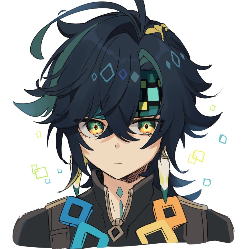 1boy black_hair closed_mouth commentary cropped_shoulders crossed_bangs earrings genshin_impact green_eyes green_hair hair_between_eyes headband highres jewelry kinich_(genshin_impact) looking_at_viewer male_focus multicolored_eyes multicolored_hair portrait shirase_(shirose) simple_background solo symbol-only_commentary white_background yellow_eyes