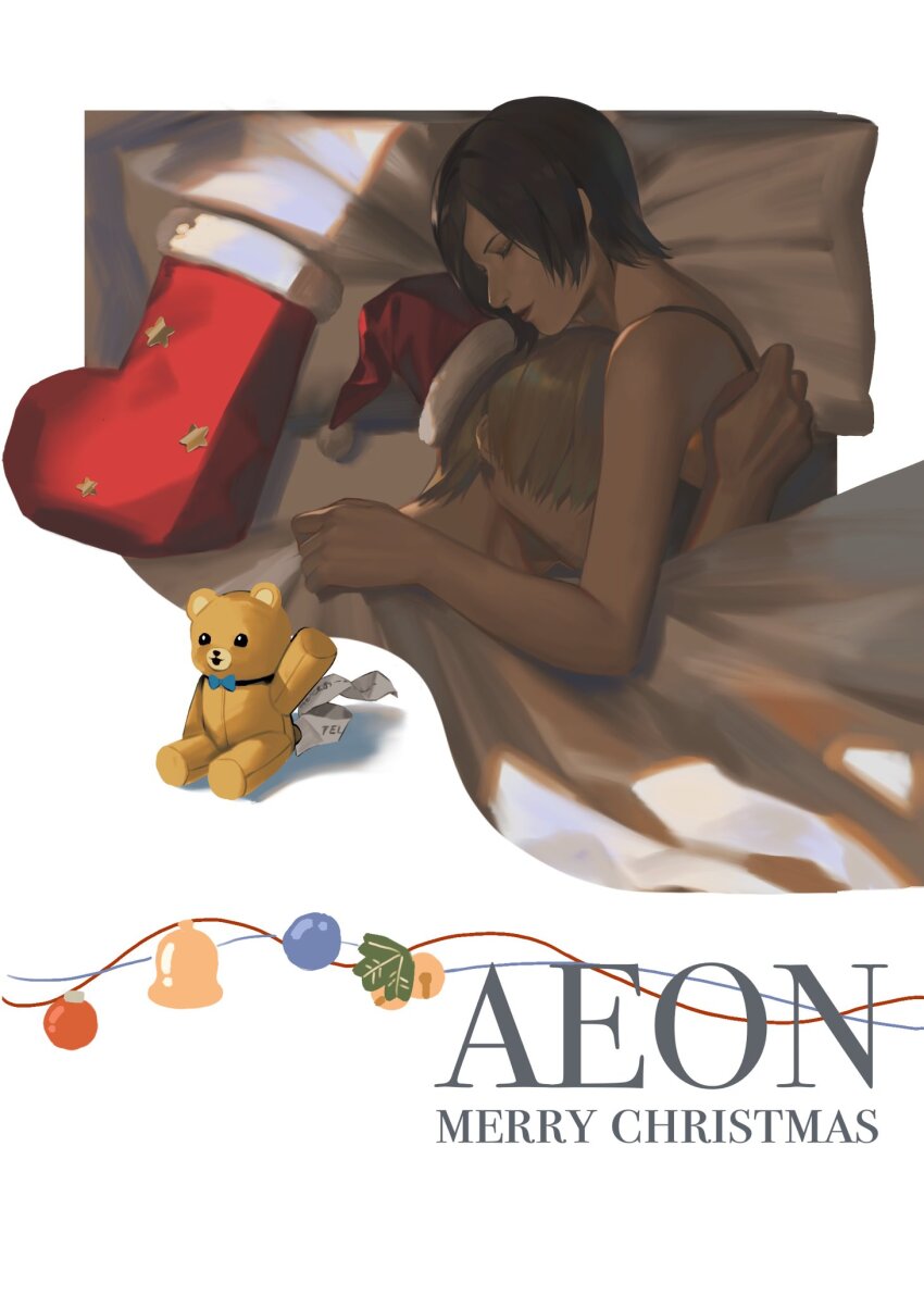 1boy 1girl ada_wong camisole christmas curtained_hair hat highres hug kurumi031212 leon_s._kennedy muscular muscular_male resident_evil resident_evil_4 resident_evil_4_(remake) santa_hat sleeping stuffed_animal stuffed_toy teddy_bear