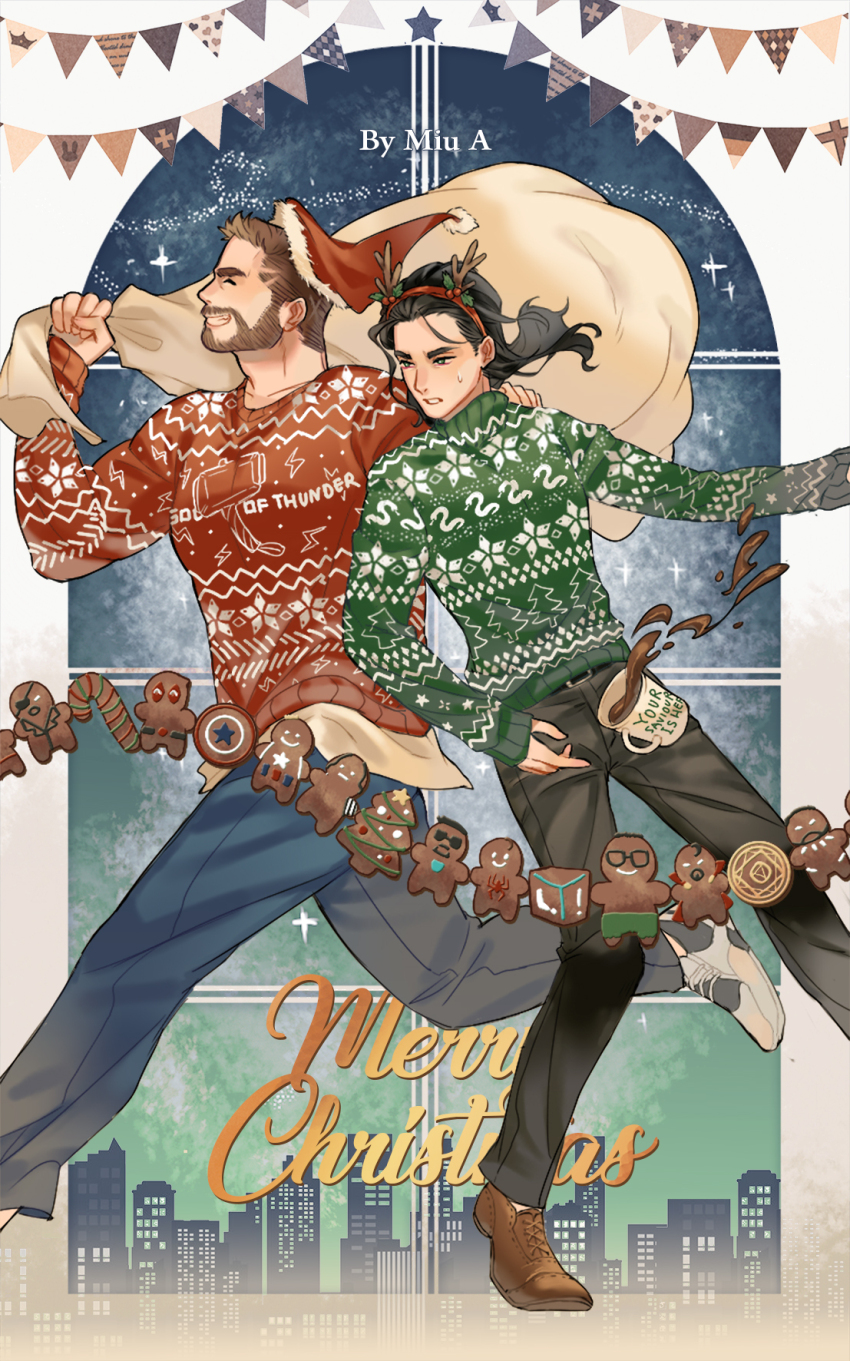 2boys akira_yoru artist_name bag beard belt black_belt black_hair black_pants blue_pants blue_sky brothers brown_footwear brown_hair building christmas_tree_print city closed_eyes clothes_writing cookie cup english_text facial_hair floating_hair food gift_bag green_eyes green_sweater hand_on_another&#039;s_shoulder hands_up highres holding holding_bag lightning_bolt_print loki_(marvel) long_sleeves looking_to_the_side marvel marvel_cinematic_universe medium_hair merry_christmas multiple_boys night night_sky pants red_sweater running shoes short_hair siblings sky skyscraper smile snake_print sneakers snowflake_print star_(symbol) star_print string_of_flags sweatdrop sweater tea teeth thor_(marvel) turtleneck turtleneck_sweater v-shaped_eyebrows white_footwear