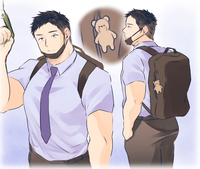 1boy ass backpack bag bag_charm bara bear_charm black_hair bored bus_interior charm_(object) close-up collared_shirt facial_hair fat fat_man feet_out_of_frame goatee goatee_stubble highres male_focus mask mask_pull mature_male mouth_mask multiple_views necktie original osu_(osumankokuou) pectorals plump_salaryman_(osu) purple_necktie salaryman shirt short_hair sideburns_stubble standing stubble stuffed_animal stuffed_toy teddy_bear thick_eyebrows thick_thighs thighs