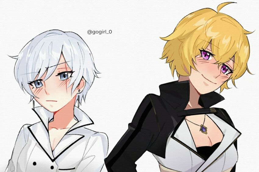 2girls ahoge alternate_hair_length alternate_hairstyle blonde_hair blue_eyes blush closed_mouth commentary earrings english_commentary eyelashes gogirl_0 jewelry multiple_girls necklace purple_eyes rwby scar scar_across_eye scar_on_face short_hair simple_background smile twitter_username very_short_hair weiss_schnee white_background white_hair yang_xiao_long