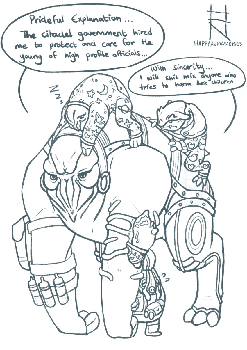 alien elcor english_text happyhumannoises highres krogan mass_effect_(series) pajamas speech_bubble tumblr tumblr_username volus