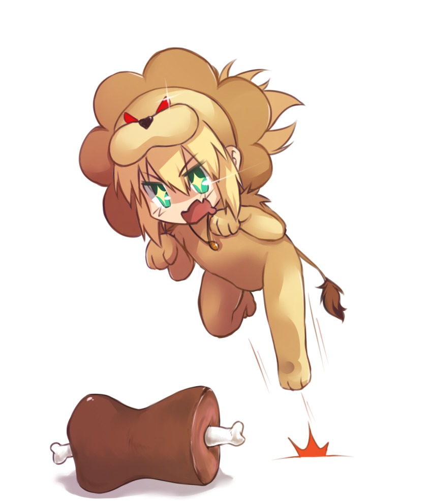 +_+ 1girl animal_costume artoria_pendragon_(fate) blonde_hair boned_meat cosplay drooling fate/apocrypha fate/tiger_colosseum fate_(series) female_focus food green_eyes highres jewelry jumping light_trail lion_costume meat mordred_(fate) mordred_(fate/apocrypha) necklace red_eyes saber_lion saber_lion_(cosplay) solo tail tusia