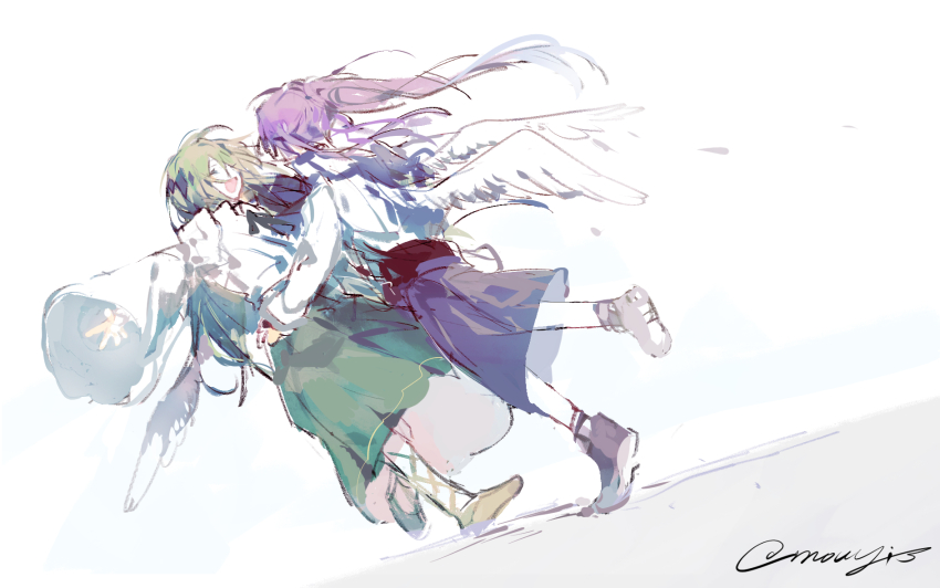 16personalities 2girls feathered_wings full_body green_skirt highres logician_(16personalities) long_hair long_skirt mediator_(16personalities) mouyimouyi multiple_girls outstretched_arms ponytail purple_footwear purple_hair purple_skirt shirt shoes sidelocks simple_background skirt white_background white_shirt white_wings wings yuri