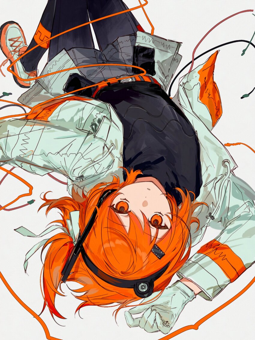 1girl a.i._voice adachi_rei arm_out_of_frame belt black_pantyhose black_shirt cable computer_chip gloves grey_background grey_shorts hair_between_eyes hair_ornament hair_ribbon hashtag-only_commentary headlamp highres jacket knees_out_of_frame long_sleeves looking_at_viewer lying number_print on_back open_clothes open_jacket orange_belt orange_eyes orange_hair pantyhose parted_lips print_jacket radio_antenna raychelsoo ribbon shirt shoelaces shoes short_shorts shorts sneakers solo upside-down utau white_gloves white_jacket white_ribbon white_shoes