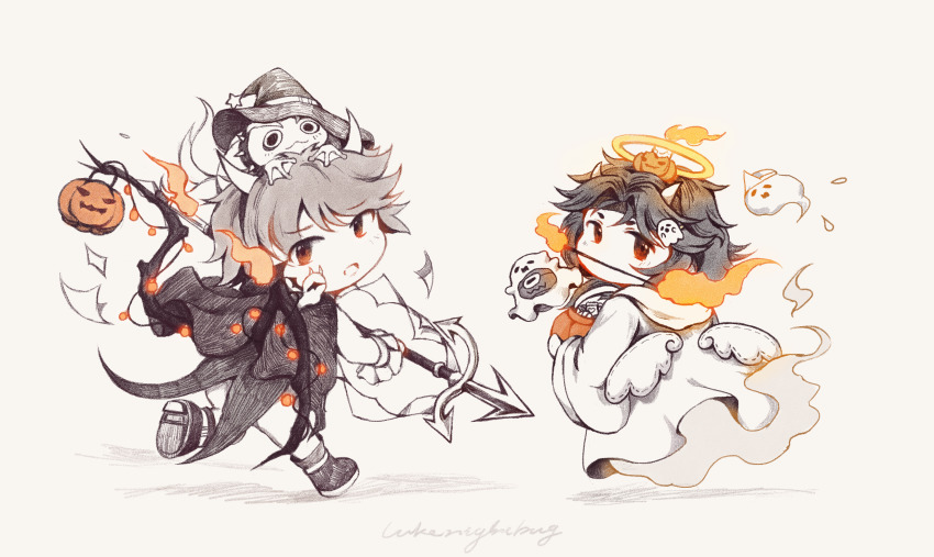 androgynous angel azuma_kaisen azuma_kaisen_(frog) black_hair candle demon_costume fire ghost_tail hair_ornament halloween halloween_bucket halo highres horns hotaru_kago kesa_kujiru kesa_kujiru_(slug) len&#039;en monochrome ogata_garaiya staff taira_no_chouki