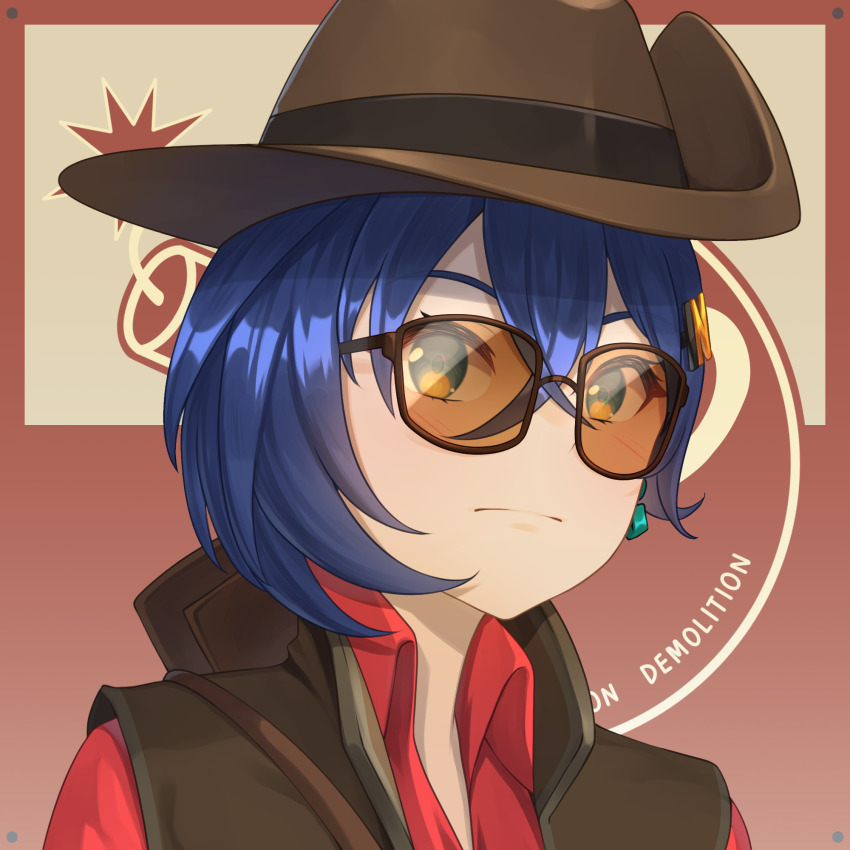 1girl acrylicstroke belle_(zenless_zone_zero) blue_eyes blue_hair brown_vest closed_mouth collared_shirt commission commissioner_upload cosplay earrings hat highres jewelry looking_at_viewer non-web_source red_shirt red_sniper_(tf2) shirt short_hair single_earring sniper_(tf2) sniper_(tf2)_(cosplay) solo sunglasses team_fortress_2 upper_body vest zenless_zone_zero