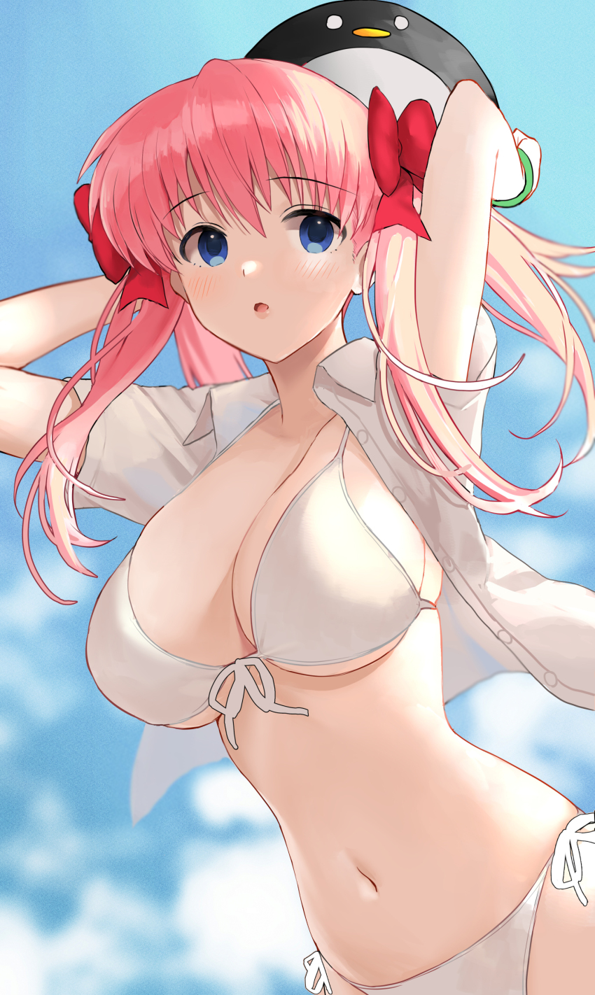 1girl absurdres arms_up bare_shoulders bikini blue_eyes blue_sky bow breasts cleavage etopen front-tie_bikini_top front-tie_top hair_bow haramura_nodoka highres kirarin369 long_hair navel parted_lips pink_hair red_bow saki_(manga) shirt short_sleeves side-tie_bikini_bottom sidelocks sky solo stomach swimsuit white_bikini white_shirt