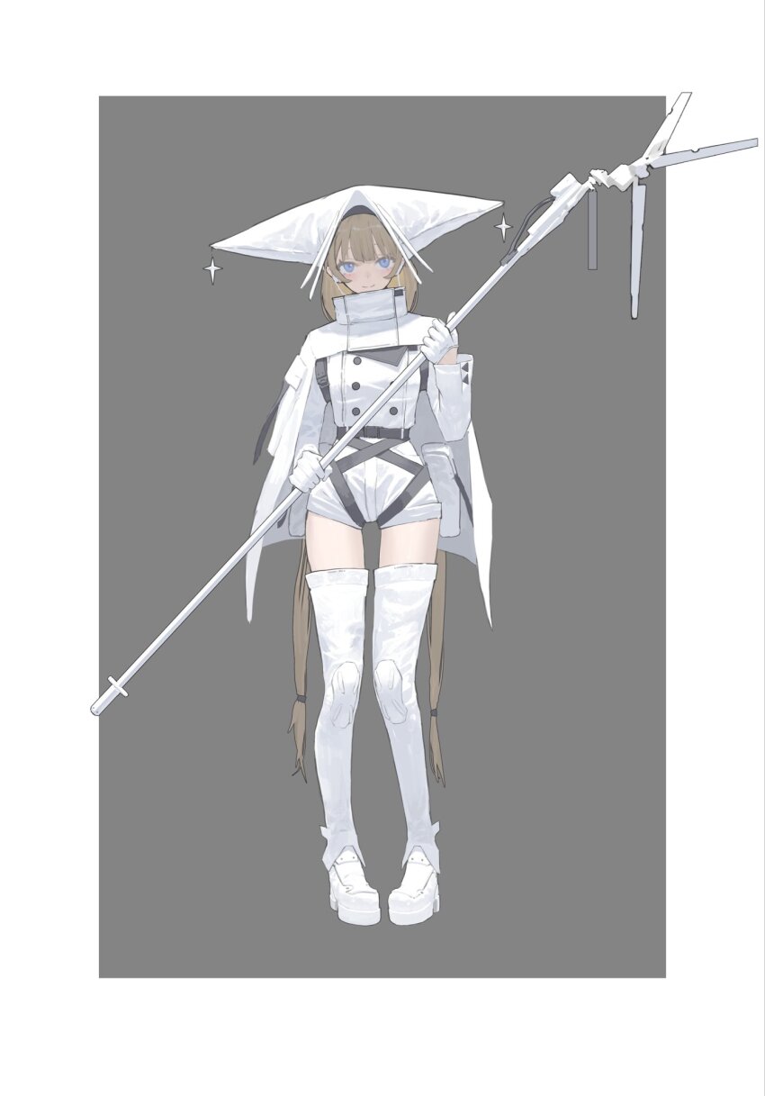 1girl artist_name belt blonde_hair blue_eyes blush border cloak earphones full_body gloves grey_background grey_belt hair_between_eyes hat highres holding holding_staff instagram_logo instagram_username jin_yu0810 light_smile long_hair long_sleeves original pixiv_logo shoes signature simple_background solo staff standing tachi-e thighhighs thighs twintails twitter_username twitter_x_logo very_long_hair white_border white_cloak white_gloves white_hat white_shoes white_thighhighs
