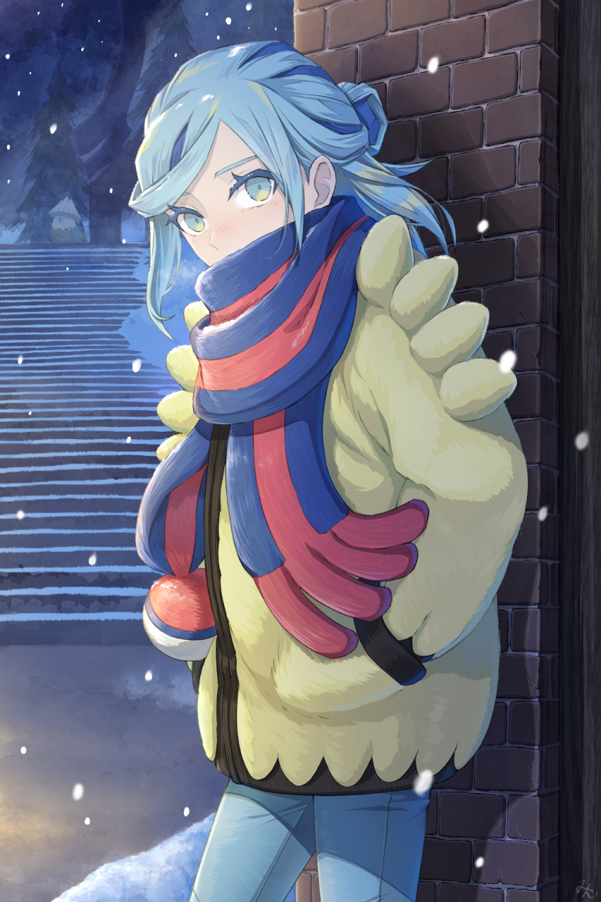 1boy aqua_eyes aqua_hair blue_scarf blush brick_wall commentary_request eyelashes game_freak gen_4_pokemon grusha_(pokemon) hands_in_pockets highres jacket male_focus min_(myna8247) night nintendo outdoors pants pokemon pokemon_(creature) pokemon_sv scarf scarf_over_mouth snover snow snowing stairs standing striped_clothes striped_scarf tree yellow_jacket