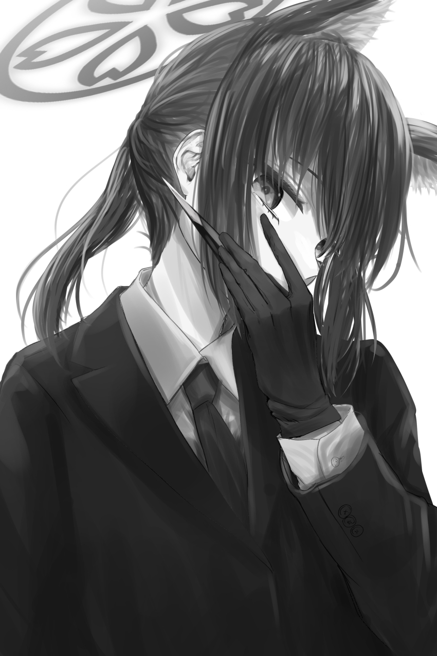 1girl absurdres alternate_costume alternate_hairstyle animal_ear_fluff animal_ears black_gloves black_suit blue_archive borrowed_design collared_shirt commentary covering_own_mouth extra_ears formal_clothes fox_ears fox_girl gloves greyscale hair_between_eyes halo hand_up head_tilt highres holding holding_weapon izuna_(blue_archive) kunai long_sleeves looking_at_viewer medium_hair monochrome necktie ponytail shirt shitsugaikotsu sidelocks simple_background solo straight_hair suit upper_body weapon white_background white_shirt