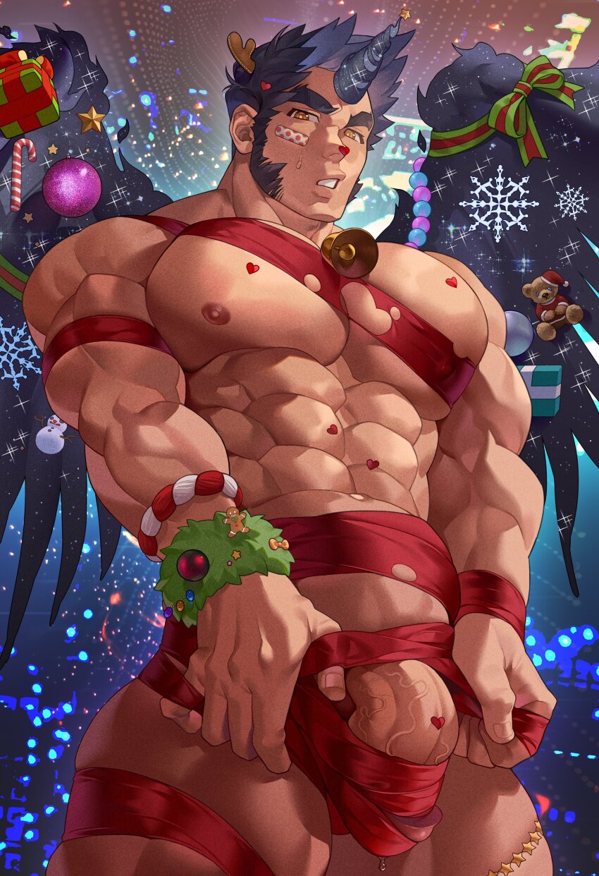 1boy absurdres bandaid bara christmas feathered_wings fiery_horns girthy_penis highres horns huge_eyebrows huge_penis large_hands long_sideburns looking_at_viewer male_focus muscular muscular_male naked_ribbon p3ta_(yio) pectoral_lift penis precum ribbon sanat_kumara_(housamo) short_hair sideburns single_horn solo thick_thighs thigh_press thighs tokyo_houkago_summoners wings
