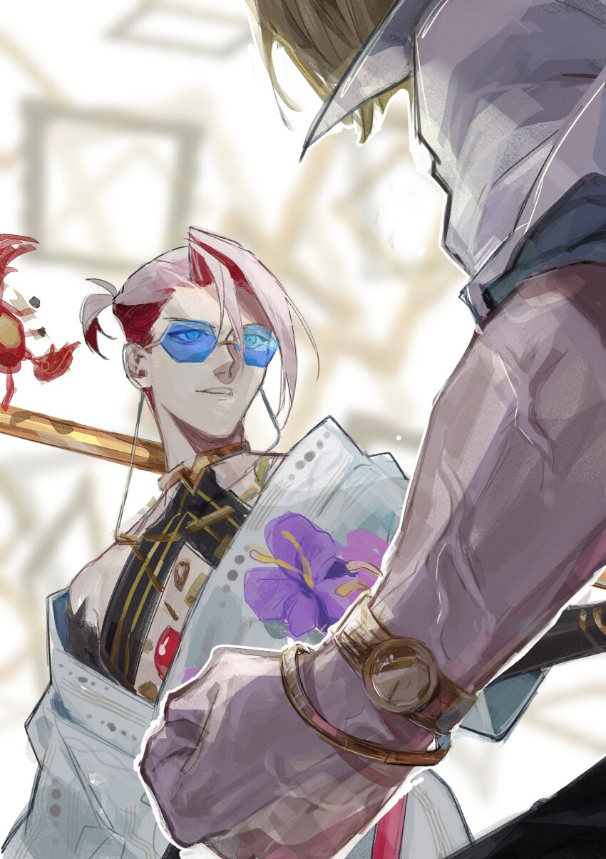 2boys absurdres blonde_hair clenched_hand colored_inner_hair fate/grand_order fate_(series) floral_print highres holding holding_polearm holding_weapon karna_(fate) karna_(summer_outfit)_(fate) male_focus multicolored_hair multiple_boys polearm rakka_1 sakata_kintoki_(fate) sunglasses veins veiny_arms watch weapon white_hair wristwatch