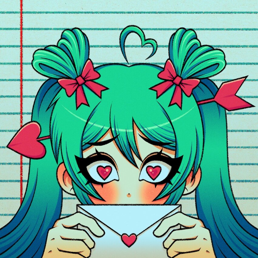 1girl ahoge arrow_(projectile) arrow_in_body arrow_in_head blush bow commentary cryptidhermit english_commentary envelope green_hair hair_between_eyes hair_bow hatsune_miku heart heart-shaped_pupils heart_ahoge highres holding holding_envelope lined_paper long_eyelashes long_hair looking_at_viewer object_through_head red_bow solo symbol-shaped_pupils twintails vocaloid