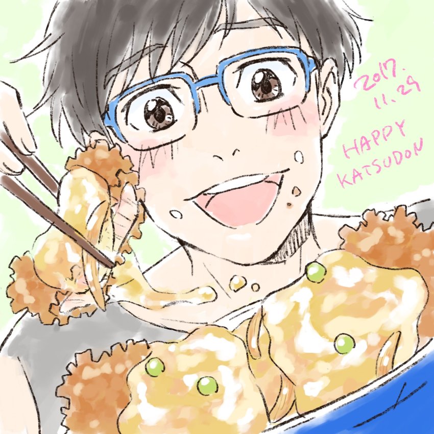 1boy 2017 birthday black_hair blue-framed_eyewear brown_eyes chopsticks dated english_text food food_on_face glasses highres itou_noriko katsudon_(food) katsuki_yuuri male_focus open_mouth smile yuri!!!_on_ice