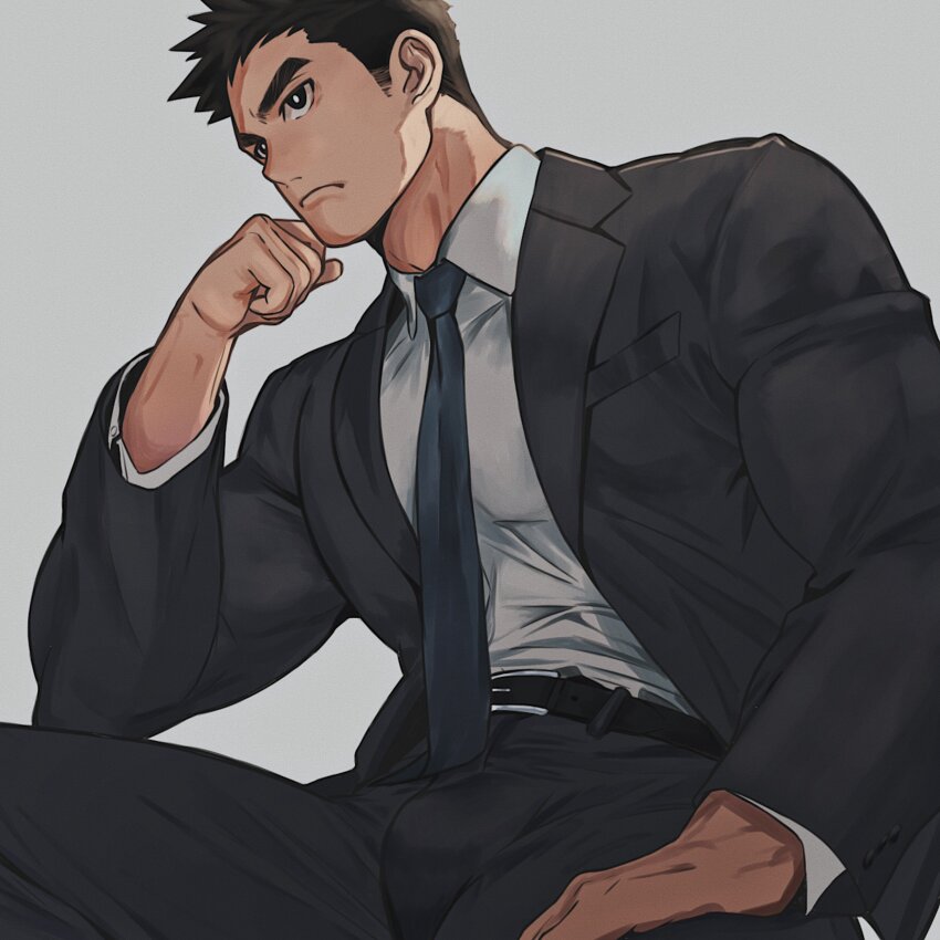 1boy absurdres bara black_hair black_suit bulge elbow_rest formal_clothes from_below frown highres large_pectorals long_sideburns looking_ahead louis_tjxx male_focus muscular muscular_male original pectorals salaryman short_hair sideburns solo suit thick_eyebrows tight_clothes