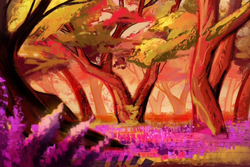autumn autumn_leaves blurry commentary day evening field flower flower_field forest grass highres landscape leaf lilac nature no_humans o_pomb original outdoors plant purple_flower scenery sunlight sunset symbol-only_commentary tree triadic_colors