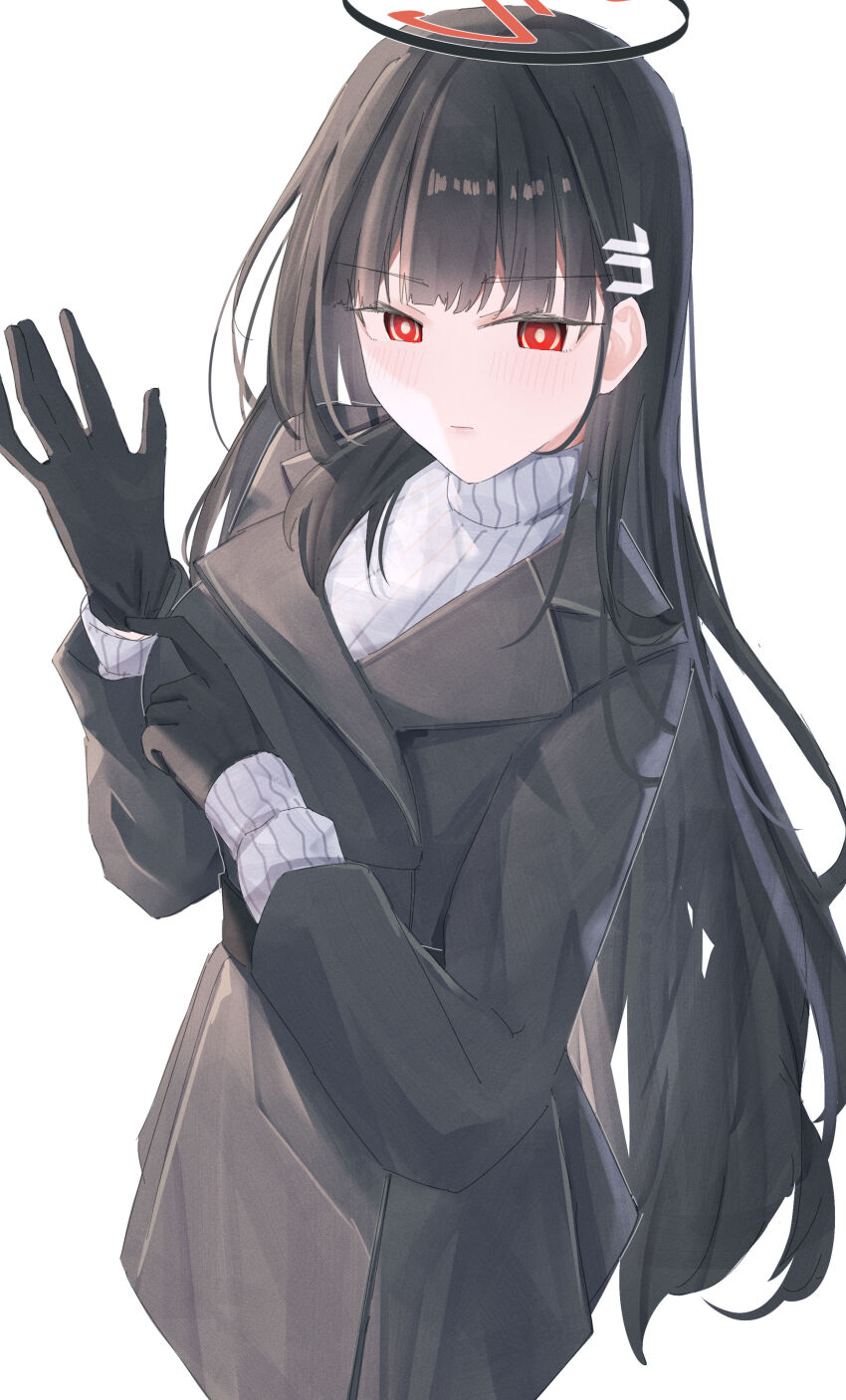 1girl absurdres black_gloves black_hair blue_archive coat gloves hair_ornament hairclip halo highres leonardo_566 long_hair red_eyes rio_(blue_archive) simple_background solo sweater turtleneck turtleneck_sweater white_background white_sweater winter_clothes winter_coat