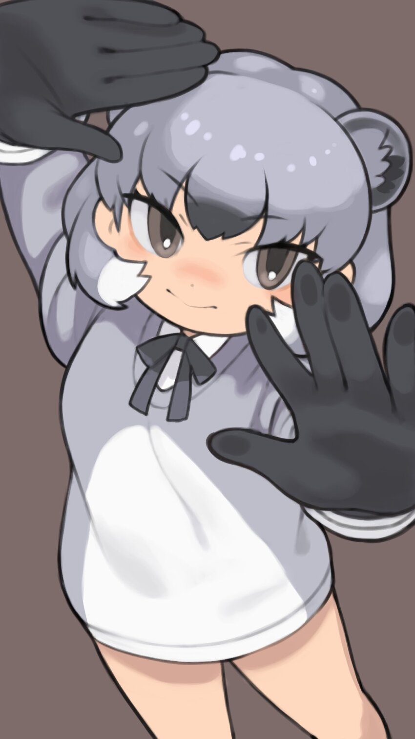 1girl animal_ears black_bow black_bowtie black_gloves bow bowtie extra_ears gloves grey_background grey_eyes grey_hair highres kemono_friends kemono_friends_3 looking_at_viewer multicolored_hair rinx rock_hyrax_(kemono_friends) shirt short_hair simple_background solo sweater two-tone_hair white_hair white_shirt