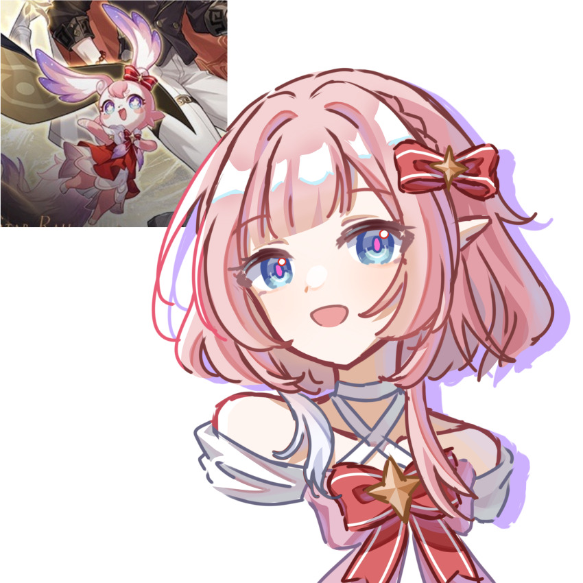 1girl blue_eyes bow bowtie chinese_commentary collarbone commentary_request cosplay cropped_torso cyrene_(honkai:_star_rail) dress game_screenshot_inset hair_ribbon highres honkai:_star_rail honkai_(series) izumi_(lofter_41635481026) mem_(honkai:_star_rail) mem_(honkai:_star_rail)_(cosplay) mem_(star_rail_live_2025)_(honkai:_star_rail) multicolored_hair open_mouth pink_hair pink_pupils pointy_ears red_bow red_bowtie red_dress reference_inset ribbon simple_background smile solo two-tone_hair white_background white_hair