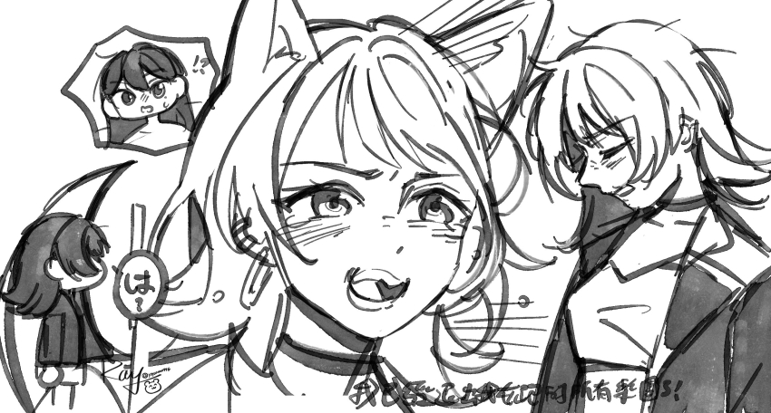 2girls animal_ears bang_dream! bang_dream!_it&#039;s_mygo!!!!! blush chinese_commentary chinese_text commentary_request earrings greyscale highres jewelry kemonomimi_mode medium_hair monochrome multiple_girls open_mouth shiina_taki simple_background translation_request white_background wolf_ears wolf_girl yoyoray20001996