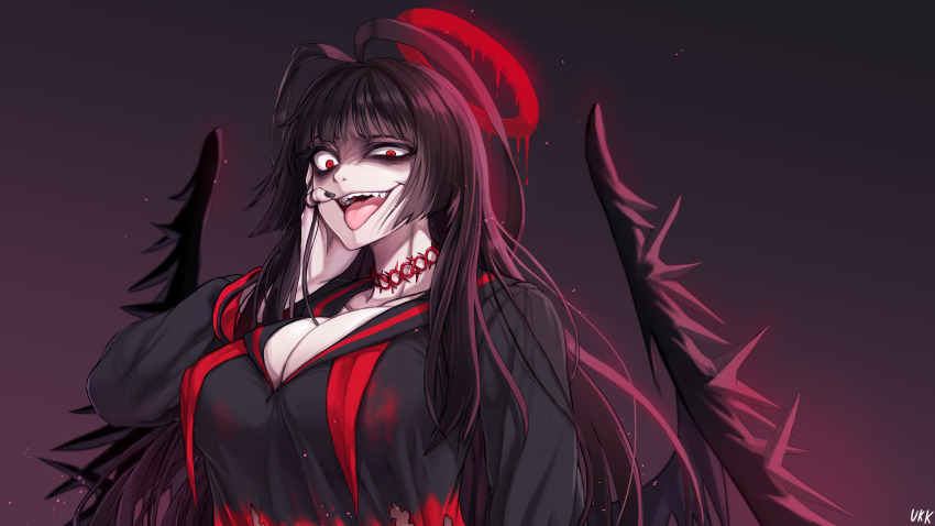 1girl absurdres antenna_hair black_nails black_serafuku black_wings blood blood_halo blue_archive breasts choker chromwhite cleavage commentary_request halo highres huge_breasts liquid_halo neckerchief pale_skin red_choker red_eyes red_neckerchief school_uniform serafuku solo tongue tongue_out tsurugi_(blue_archive) wings