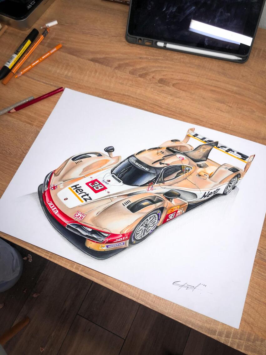 absurdres art_tools_in_frame brown_car car colored_pencil colored_pencil_(medium) commentary english_commentary goabascal highres jota_sport le_mans_prototype michelin michelin_man motor_vehicle no_humans pencil photo_(medium) porsche porsche_963 race_vehicle racecar spoiler_(automobile) sponsor tablet_pc traditional_media union_jack vehicle_focus world_endurance_championship