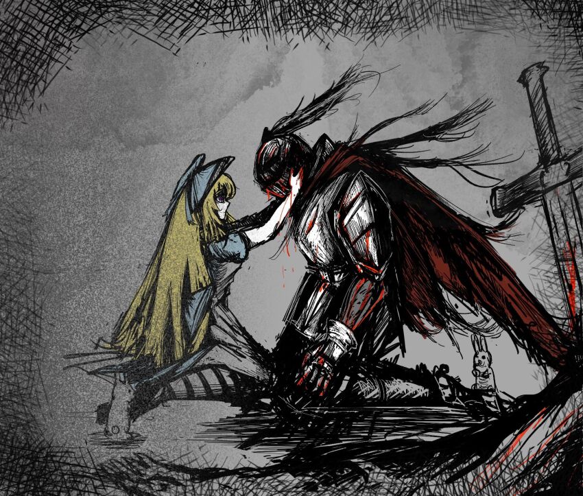 1boy 1girl alice_(black_souls) apron armor black_souls blonde_hair blood blood_on_armor blood_on_hands blue_dress blue_ribbon breasts cape dress from_side full_armor gauntlets grey_background grimm_(black_souls) hair_ribbon hand_on_another&#039;s_cheek hand_on_another&#039;s_face helmet highres kneeling long_hair looking_at_another looking_down medium_breasts pantyhose purple_eyes rabbit ribbon short_sleeves striped_clothes striped_pantyhose sword torn_cape torn_clothes user_fknv3457 weapon white_apron