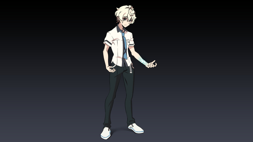 1boy agata_katsuhira arms_up black_pants blue_necktie emiladylbekuulu grey_eyes highres kiznaiver necktie non-web_source pants scar scar_on_arm school_uniform shirt shoes studio_trigger trigger_(company) white_shirt