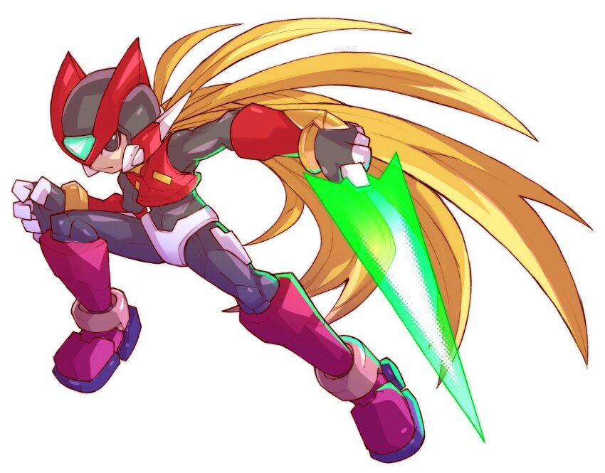 1boy android armor black_eyes blonde_hair energy_sword forehead_jewel full_body helmet highres holding holding_sword holding_weapon long_hair male_focus maxoke mega_man_(series) mega_man_zero_(series) red_armor red_helmet simple_background solo sword weapon white_background z_saber zero(z)_(mega_man) zero_(mega_man)