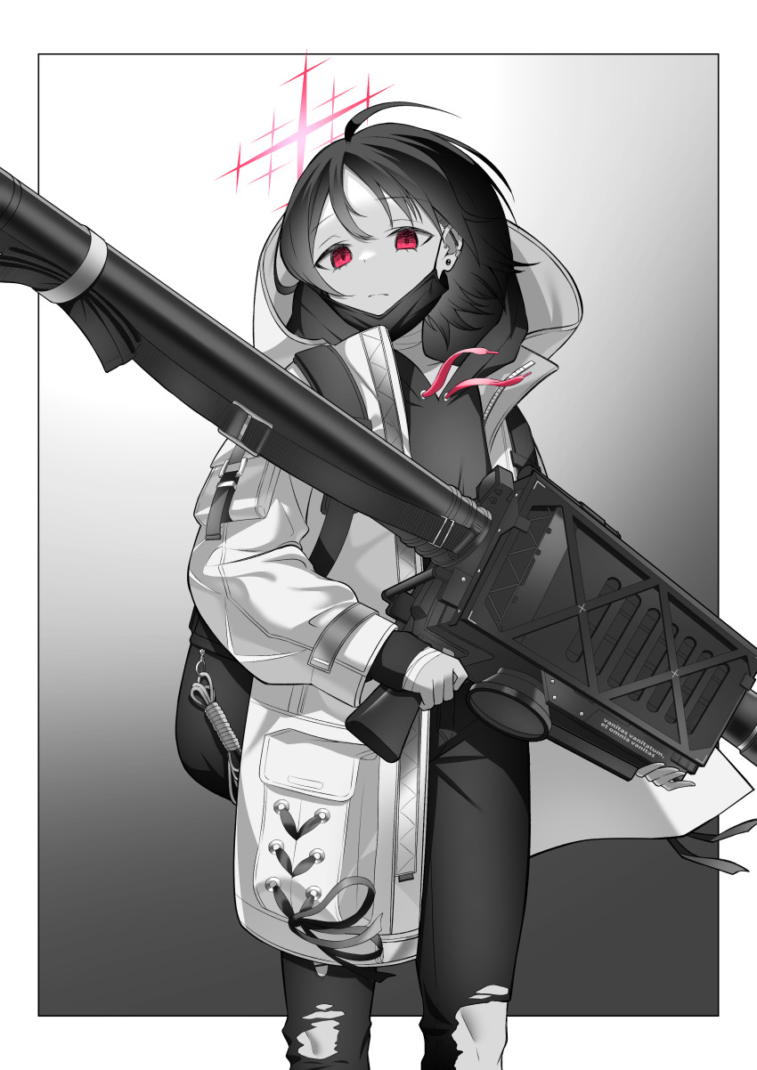 1girl absurdres backpack bag bandaged_neck bandages blue_archive border closed_mouth coat cross cross-laced_bag cross_crosslet drawstring earrings expressionless feet_out_of_frame fim-92_stinger frown gradient_background greek_cross greyscale gun_sling halo highres holding holding_rocket_launcher holding_weapon hood hood_down hooded_coat hoodie jewelry kuryuu_chiaki lanyard latin_text long_sleeves looking_at_viewer mask mask_pull misaki_(blue_archive) monochrome mouth_mask open_clothes open_coat outside_border pants pocket rocket_launcher short_hair solo spot_color stud_earrings torn_clothes torn_pants weapon white_border