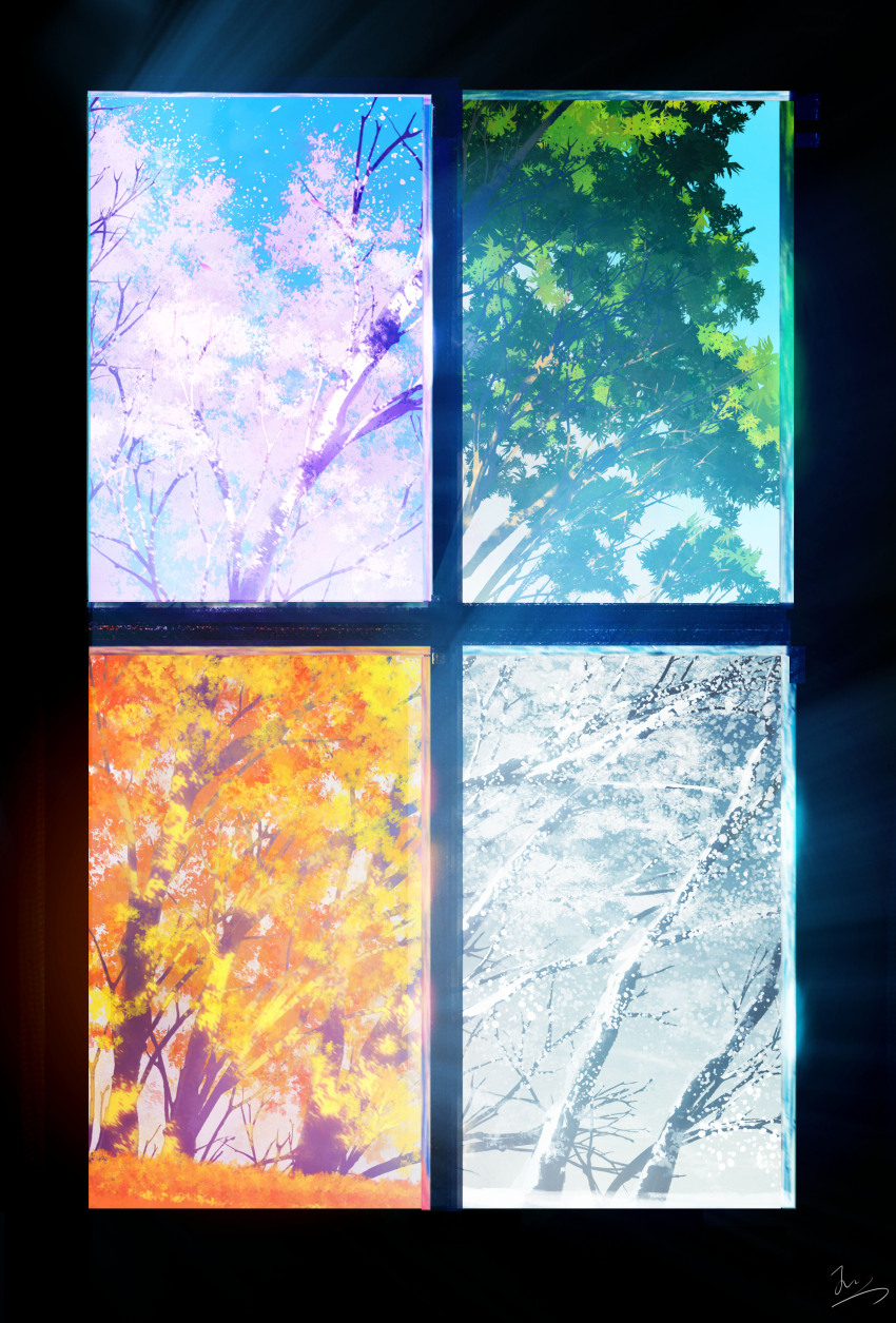 absurdres autumn autumn_leaves bare_tree cherry_blossoms highres huashijw leaf light_rays nature no_humans original scenery seasons signature spring_(season) summer tree window winter