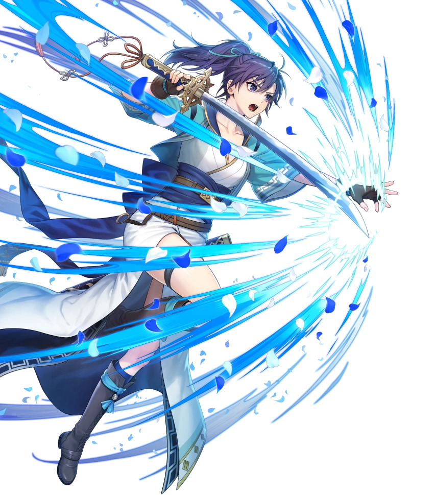 1girl boots fingerless_gloves fir_(fire_emblem) fir_(swordmaiden)_(fire_emblem) fire_emblem fire_emblem:_the_binding_blade fire_emblem_heroes full_body gloves highres japanese_clothes kiyu_(zuyu) knee_boots long_hair nintendo non-web_source obi official_art ponytail purple_eyes purple_hair sash short_sleeves solo sword thigh_strap transparent_background weapon