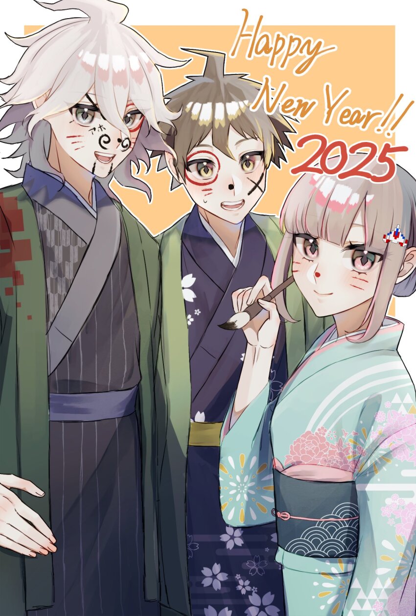 1girl 2025 2boys :d ahoge blunt_bangs blush calligraphy_brush danganronpa_(series) danganronpa_2:_goodbye_despair fake_whiskers galaga grey_hair happy_new_year hati3bunbun highres hinata_hajime holding holding_calligraphy_brush holding_paintbrush japanese_clothes kimono komaeda_nagito long_sleeves multiple_boys nanami_chiaki new_year obi open_mouth paintbrush pink_eyes sash smile teeth wide_sleeves