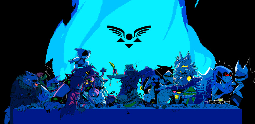 1other 4girls 6+boys banana black_background blue_theme cup dark_fountain_(deltarune) deltarune drinking_glass everyone fine_art_parody food fruit furry furry_female furry_male gerson green_hat hat highres jevil king_(deltarune) kris_(dark_world)_(deltarune) kris_(deltarune) lancer_(deltarune) multiple_boys multiple_girls noelle_holiday noelle_holiday_(dark_world) open_mouth parody pipis_(deltarune) plate queen_(deltarune) ralsei rouxls_kaard seam_(deltarune) spamton_g._spamton standing_on_person susie_(dark_world)_(deltarune) susie_(deltarune) swatchling_(deltarune) table tasque_manager the_last_supper the_original_starwalker upper_body utdr_(toby_fox) xexeezy
