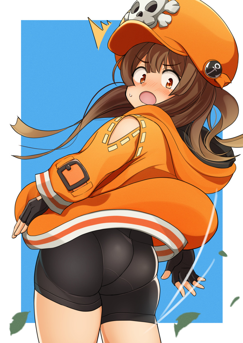 1girl ^^^ ass bike_shorts brown_eyes brown_hair clothes_lift fingerless_gloves gloves guilty_gear guilty_gear_strive hat highres long_hair may_(guilty_gear) open_mouth orange_hat orange_sweater pantylines skull_and_crossbones solo surprised sweater sweater_lift wind wind_lift yotubawatane