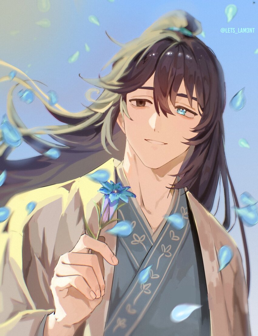 1boy black_eyes black_hair blue_flower blue_hanfu chinese_clothes daxiushan falling_petals flower hair_between_eyes hanfu heterochromia highres holding holding_flower hong_lu_(project_moon) lets_lam3nt limbus_company long_hair long_sleeves looking_to_the_side male_focus petals ponytail project_moon smile solo twitter_username very_long_hair