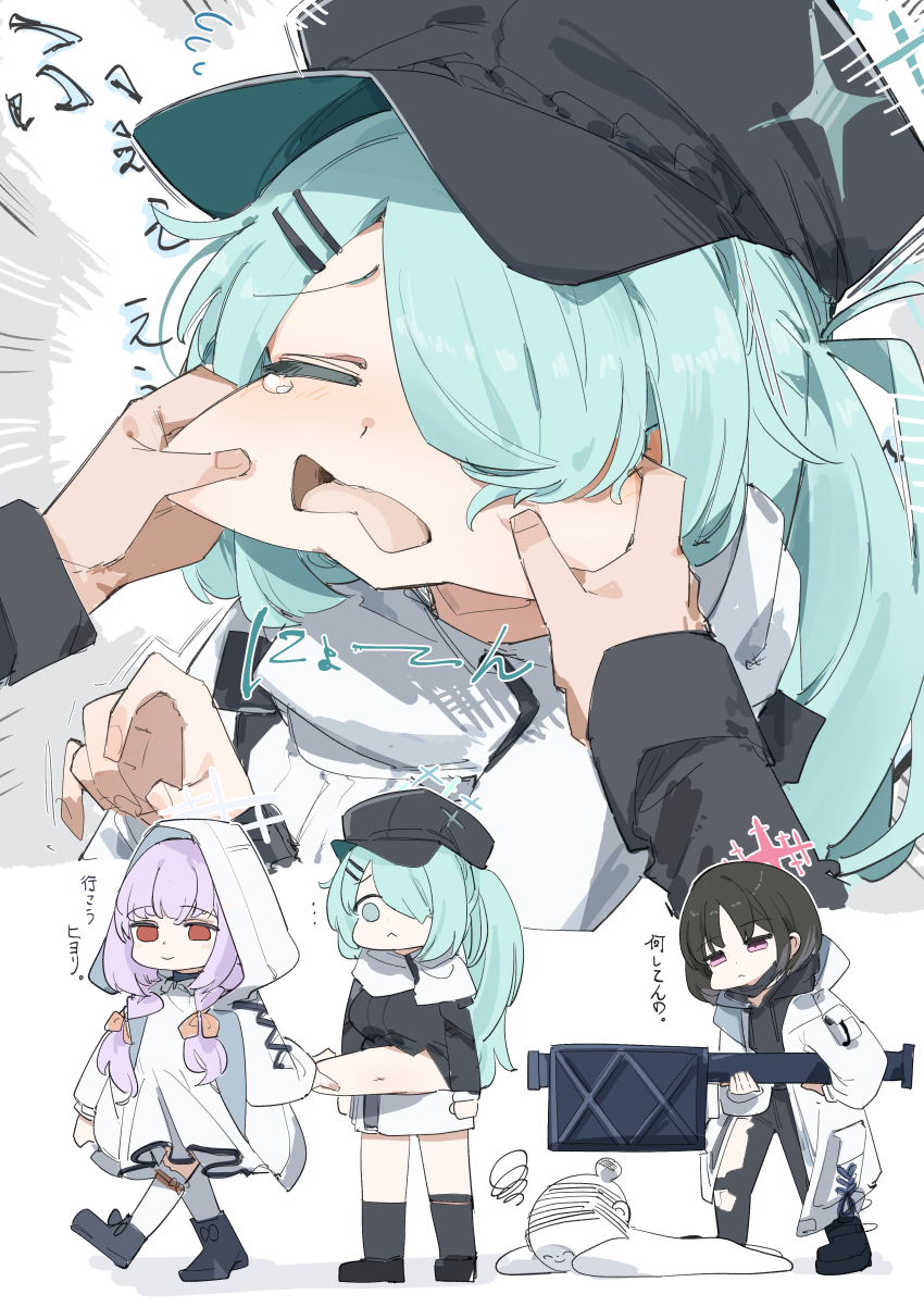 1boy 3girls :&lt; absurdres aqua_hair atsuko_(blue_archive) belly_grab black_hair black_shoes blue_archive breasts cheek_pinching closed_eyes doodle_sensei_(blue_archive) fim-92_stinger flying_sweatdrops hair_over_one_eye halo hat head_bump highres hiyori_(blue_archive) hood hood_up long_hair long_sleeves mask mask_pull maton_3110 misaki_(blue_archive) multiple_girls navel open_mouth pinching purple_eyes purple_hair red_eyes rocket_launcher sensei_(blue_archive) shoes side_ponytail socks translation_request weapon