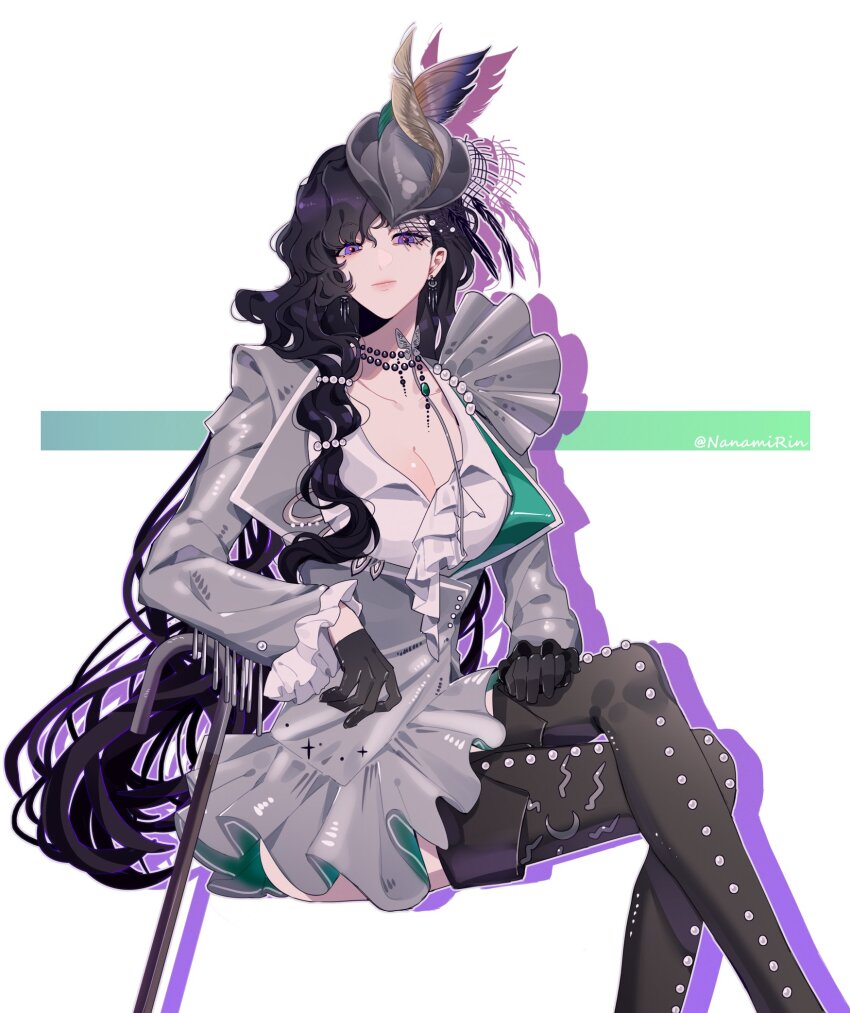 1girl armrest black_boots black_gloves boots breasts cane cleavage crossed_legs dress gloves hat hat_feather highres isolde_(and_all_that_jazz)_(reverse:1999) isolde_(reverse:1999) knees_up long_hair looking_at_viewer nanamirin5 reverse:1999 simple_background sitting solo thighhighs very_long_hair white_background