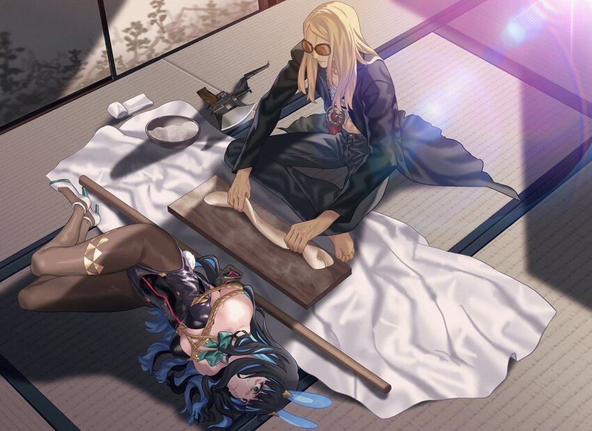 1boy 1girl animal_ears aora black_hair black_jacket black_leotard blonde_hair blue_hair bound breasts brown_pantyhose crossed_legs fake_animal_ears fate/grand_order fate_(series) full_body grey_eyes gun hair_spread_out handgun high_heels jacket leotard long_hair lying multicolored_hair on_floor on_side pantyhose parody playboy_bunny rabbit_ears shirt shokunin_to_hitozuma sidelocks sitting sunglasses sweat tenochtitlan_(fate) tenochtitlan_(swimsuit_mooncancer)_(fate) tenochtitlan_(swimsuit_mooncancer)_(third_ascension)_(fate) tezcatlipoca_(fate) tied_up_(nonsexual) towel two-tone_hair walther walther_p38 weapon white_footwear white_shirt