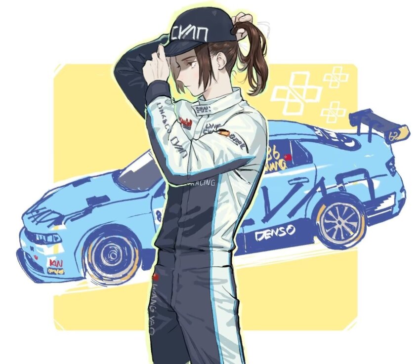1boy axis_powers_hetalia black_hat black_jumpsuit border borrowed_character brown_eyes brown_hair car china_(hetalia) closed_mouth clothes_writing cowboy_shot hands_up hat huacai jumpsuit long_hair long_sleeves looking_to_the_side male_focus motor_vehicle people&#039;s_republic_of_china_flag ponytail puffy_long_sleeves puffy_sleeves racing_suit simple_background solo standing two-tone_jumpsuit visor_cap white_border white_jumpsuit yellow_background