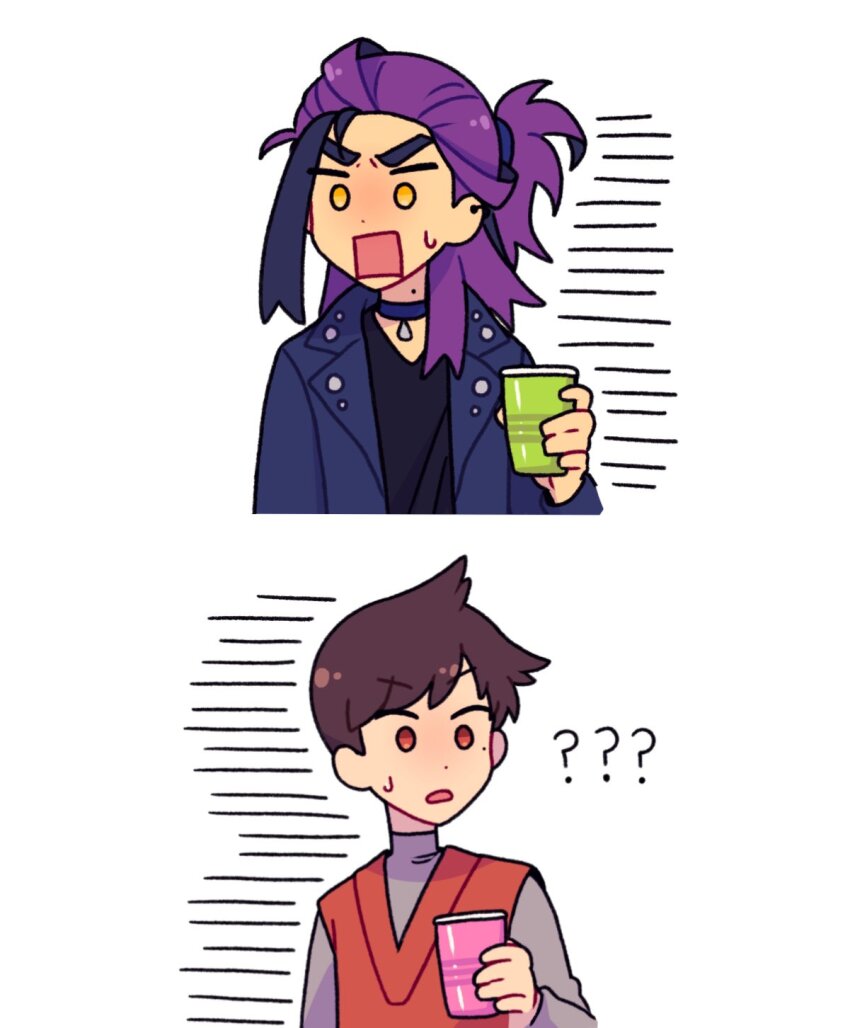 2boys ? ?? alternate_costume black_hair black_shirt brown_hair choker commentary cup florian_(pokemon) grey_shirt highres holding holding_cup jacket kieran_(pokemon) loose_hair_strand male_focus mole mole_on_neck multicolored_hair multiple_boys nintendo open_clothes open_jacket open_mouth pokemon pokemon_sv purple_hair shirt short_hair submashell sweatdrop two-tone_hair vest white_background yellow_eyes